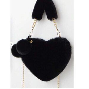 Vintage Black Heart-Shaped Fur Purse with Playful Pom-Pom Balls